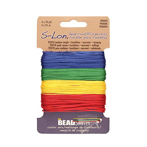 The Beadsmith S-Lon Bead Cord – .5 mm Twisted Nylon Cord for Stringing, TEX210, Primary Colors Mix, 4 Colors, 10 Yards Each Color - color: Primary Colors