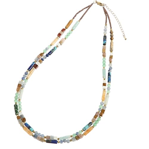 Plumiss Boho Handmade Natural Jasper Stone Beaded Crystal Mixed Strand Short Necklace for Women Girl - color: Mixed Natural Stone