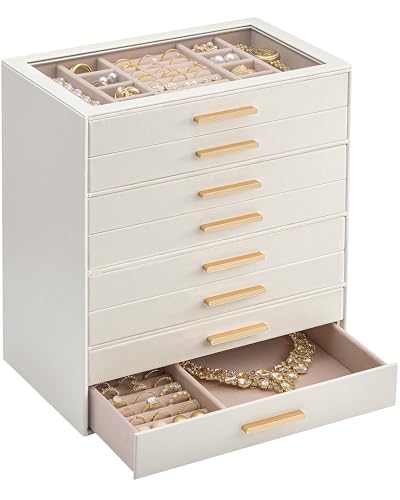 Lolalet Jewelry Box Organizer, 8-Layer Jewelry Organizers and Storage Case with Glass Lid, Ring Earring Bracelet Necklace Holder Organizer, Birthday Valentine Gifts for Women Girls -8Layer, Beige - color: Beige, size: 8-Layer