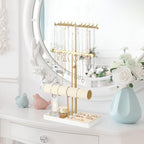 Tirzah 3-Tier Adjustable Jewelry Holder Organizer Stand with 20 Necklace Hooks, 18 Earring Holes and Notches, Bracelet Holder, 6 Ring Rolls, Jewelry Tray for Girls, Women - color: Gold & White, for Necklace Earring Bracelet