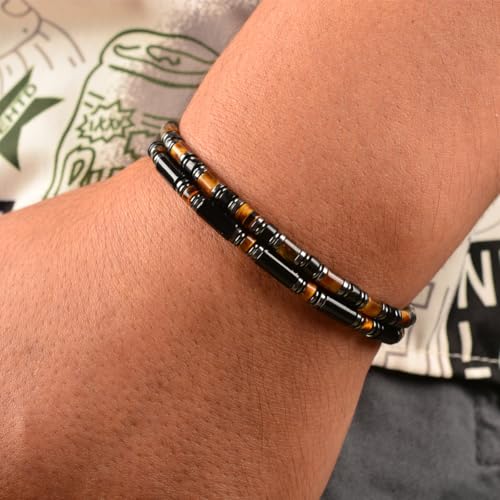 Men's Black Onyx Hematite Tiger Eye Chakra Beaded Gemstone Bracelet, Handmade Adjustable Dual Clasp 6.89-8.8 Inches, Comfort Fit Everyday Wear, Ideal Gift for Him