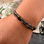 Men's Black Onyx Hematite Tiger Eye Chakra Beaded Gemstone Bracelet, Handmade Adjustable Dual Clasp 6.89-8.8 Inches, Comfort Fit Everyday Wear, Ideal Gift for Him