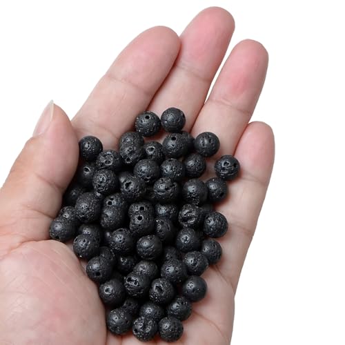 100pcs Natural Stone Beads 8mm Black Volcanic Lava Round Genuine Real Stone Beading Loose Gemstone Hole Size 1mm DIY Charm Smooth Beads for Bracelets Necklaces Earrings Jewelry Making Crafts - color: Black Lava