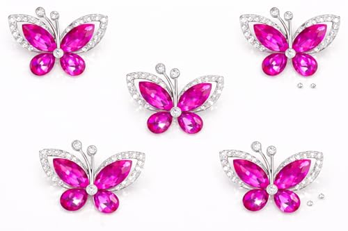 5pcs Crystal Butterfly Flat Back Rhinestone Embellishments – Grade A Diamante Craft Decorations | Sparkly Butterfly Gems for Wedding, DIY Crafts, Cards, Scrapbooks, and Home Décor - color: Fuchsia Pink