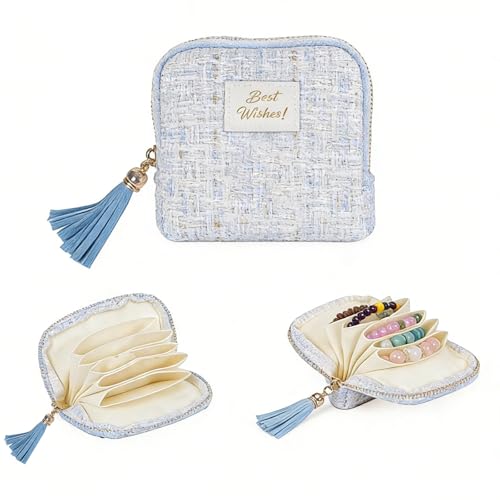 Travel Jewelry Case Small with Tassel Zipper, Soft Velvet Travel Jewelry Organizer Pouch for Necklaces, Rings and Earrings, Portable Multi Layer Jewelry Bags, Anti Tangle Storage - color: blue and white
