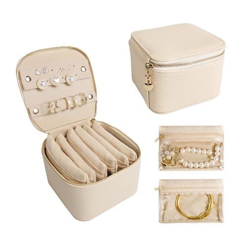 Travel Jewelry Case, Small Travel Jewelry Box with 6 Velvet Jewelry Bag Mini Pouch, Portable Travel Jewelry Organizer for Rings Earrings Necklaces, Beauty Gifts for Women Girls (Beige) - color: Beige