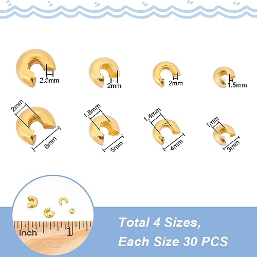 UNICRAFTALE 120pcs 4 Sizes Stainless Steel Crimp Beads 3/4/5/6mm - Golden Half Round Open Knot Covers for DIY Bracelet Necklace Jewelry Making - size: 4 Sizes