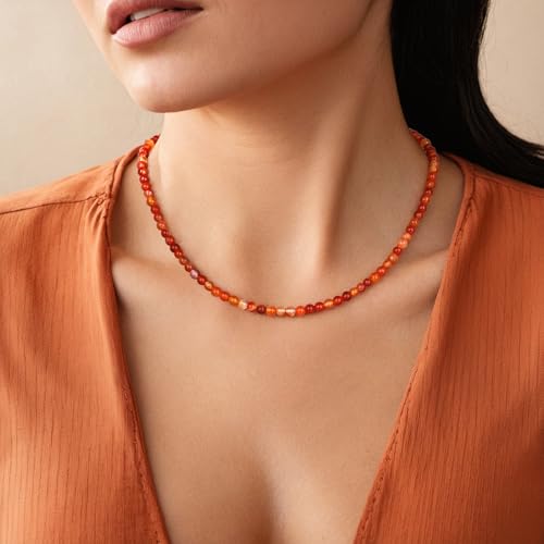 Crystal Choker Necklaces for Women,4mm Handmade Natural Stone Choker Beaded Necklace Healing Crystal Necklace Gemstone Bead Necklaces for Women - color: Carnelian
