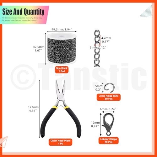 Tanstic 102Pcs 30 Feet Jewelry Making Chains Necklace Chains Bulk Cable Link Chain with 50Pcs Jump Rings, 50Pcs Lobster Clasps, Pliers for Bracelet Necklace Making(Gun Black) - color: Gun Black