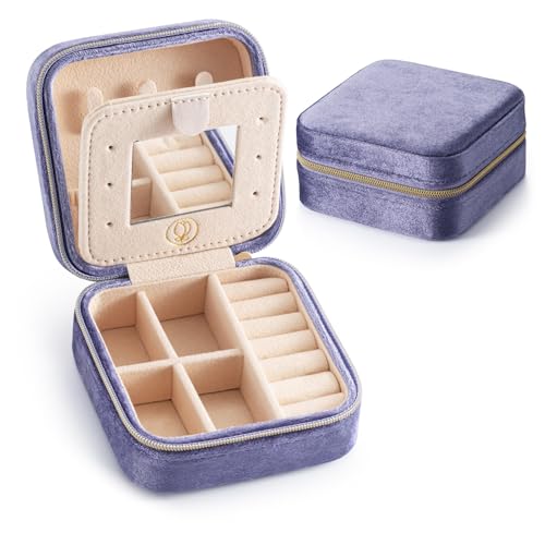Plush Velvet Travel Jewelry Case, Mini Jewelry Box, Small Jewelry Organizer Portable Display Storage Case, for Girls Women (Periwinkle Blue-With Mirror) - color: V1 - Periwinkle Blue