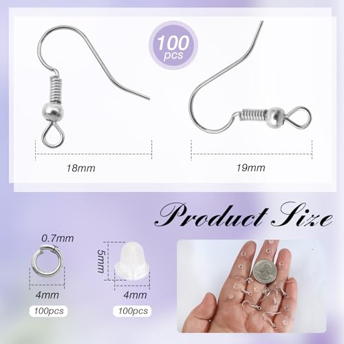 TOAOB 300pcs Earring Hooks Kits Silver French Ear Wires with Ball and Coil 18mm Fish Hook Earring Making Supplies with Jump Rings and Clear Silicone Ear Backs for DIY Jewelry Findings - color: Silver
