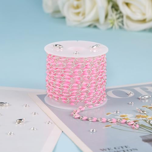 YOUBEIYEE 2 Meters Silver Plated Chain for Jewelry Making Pink Enamel Chain Roll Brass Chains Bulk with Jump Rings and Lobster Clasps - color: Pink Silver