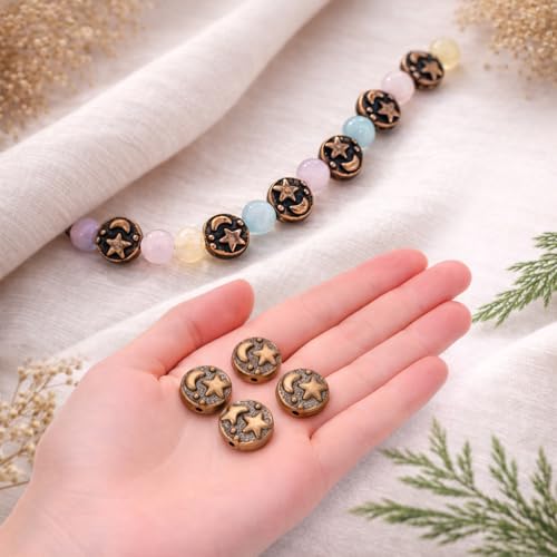 Tibetan Copper Spacer Beads 9mm Flat Round – 69pcs Metal Spacer Beads for Jewelry Making, Bracelets, Necklaces & Earrings DIY Supplies, Antique Silver Zinc Alloy - color: Copper Star and Moon