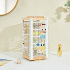keomaisyto Earring Holder Organizer, Rotating Jewelry Holder with Ring Tray/Bracelet/Necklace Hooks, 360°Earring Organizer with Stable Bamboo Base for Jewelry Display, White - color: White & Grey