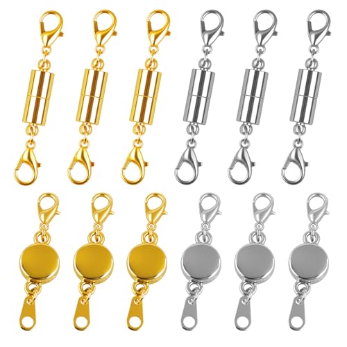 Phinus 12 Pcs Magnetic Necklace Clasps and Closures, Magnetic Clasps for Necklaces with Lobster Clasp, Gold and Silver Magnetic Jewelry Clasps for Necklaces Bracelet Making