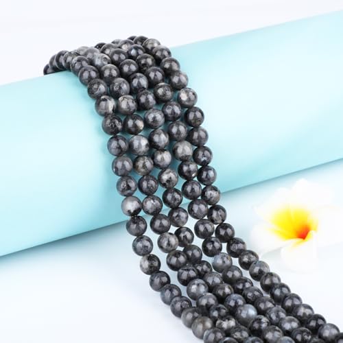 Natural Stone Beads Round Genuine Real Stone Beading Strand Loose Gemstones DIY Smooth Bead for Bracelet Necklace Earrings Jewelry Making (Black Larvikite, 8mm 45 Pieces) - color: Black Larvikite, size: 8mm 45pcs