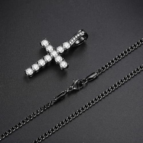 GEMOSA Cross Chain for Men 14K Gold Silver Plated Solid Iced Out 5A+ Cubic Zirconia Stainless Steel Cuban Link rope Layered Chains 16-24 Inch Large Cross Diamond Pendant Nceklace Jewelry Gifts - color: Black Gold, size: 22/24inch