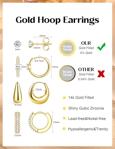 ORAZIO Small Gold Hoop Earrings for Women Hypoallergenic 14K Gold Plated Chunky Huggie Earring Sets for Multiple Piercing Dainty Earing Stacks Set Cute Silver Cartilage Jewelry Trendy Gifts - style: 14K Gold Plated-Chunky Classic