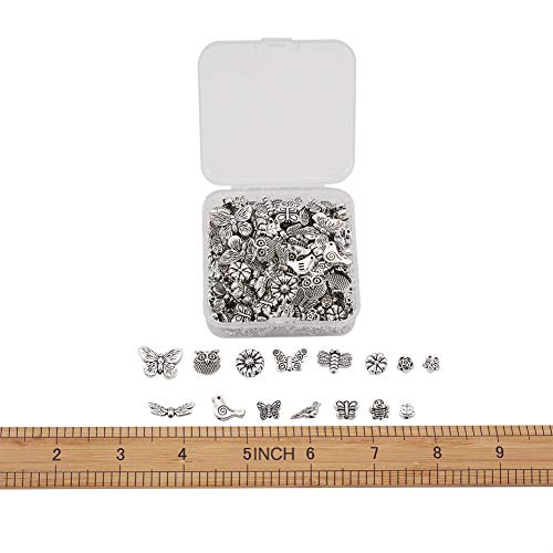 Beadthoven 150pcs/box Tibetan Silver Butterfly Flower Spacer Beads Owl Bird Dragonfly Bees Loose Beads Charms with 1-2mm Hole for Jewelry Crafts Making - color: Antique Silver-Butterfly-15 Style