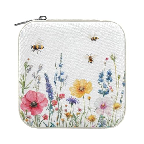 Travel Jewelry Case Jewelry Box Organizer for Women Girls Man Small Mini Portable Jewelry Storage Box for Earring Ring Necklace Bees and Blooming Flowers White - color: Bees and Blooming Flowers