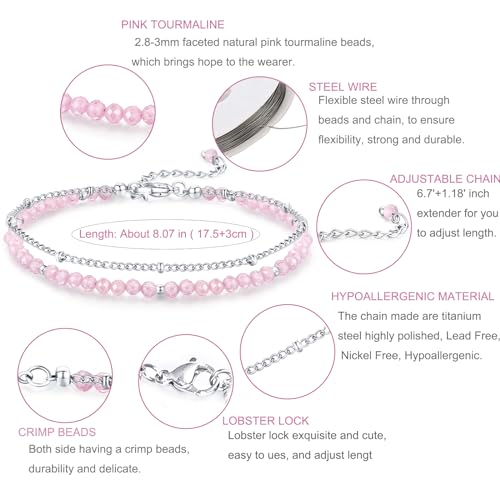 Peridot Stand Silver Gold Bracelets, Handmade Birthstone Stack Bracelet Crystal Gemstones Bead Chain Gift for Women, 8" - color: Silver-10-Oct Pink tourmaline
