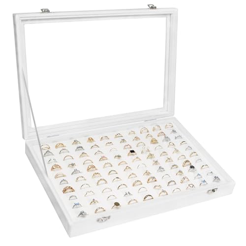 Siveit Velvet Ring Display Tray Organizer Box with Transparent Lid, 100 Slot Ring Holder Showcase For Store Display Jewelry Show Home, Ring Organizer For Rings Earrings (Ivory) - color: Ivory