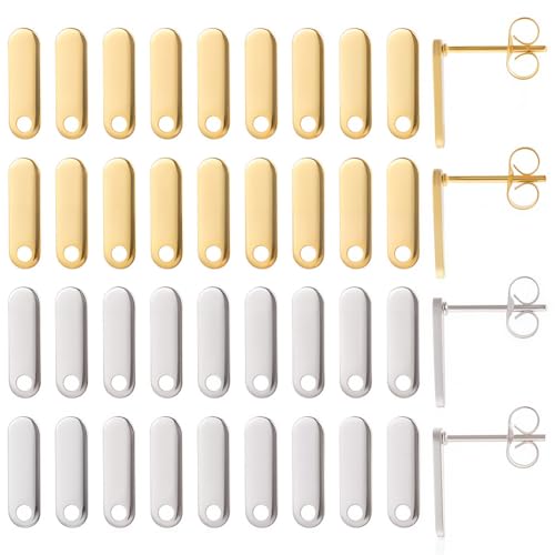 SUNNYCLUE 1 Box 40Pcs 24K Gold Plated Earring Findings Earring Stud with Hole Stainless Steel Ear Posts Retangle Ear Post and Backs for Jewelry Making Accessories DIY Crafts - color: 20pairs 24k Gold Plated & Stainless Steel Earring Findings