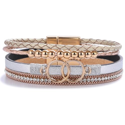 FANCY SHINY Mothers Day Gifts Boho Leather Wrap Bracelet Stackable Infinity Chunky Cuff Bracelets Western Hippie Outfits Jewelry Valentine Gifts for Women - color: Gold/Silver