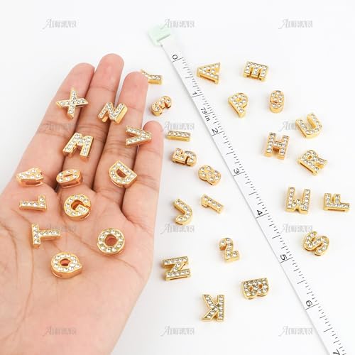 AUEAR, 36 Pack Gold 8mm Full Rhinestone Slide Alloy Letter Charm Crystal A-Z Alphabet with 0-9 Numbers for Bracelets Wristbands DIY Jewelry Making - color: Gold, size: 36 Pack