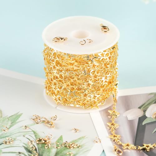 YOUBEIYEE 13 Feet Star Chain for Jewelry Making 18K Gold Plated Brass Chain Spool Hollow Stars Link Chain Jewelry Craft Chains Bulk - color: Star