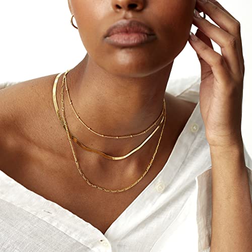 Freekiss Women's Layered Necklace Set - 3 Piece Dainty Gold Jewelry for Everyday Stacking | 14K Gold Plated Snake Chain, Rope Chain, Cuban Chain | Adjustable Length 14-18.5 Inch | Gift Ready - color: Gold, style: Beads+Snake+Figaro