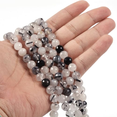 Black Rutilated Quartz 8mm Gemstone Faceted Round Loose Strand Beads for DIY Necklace Bracelet Jewelry Making 15 Inch - color: Black Rutilated Quartz