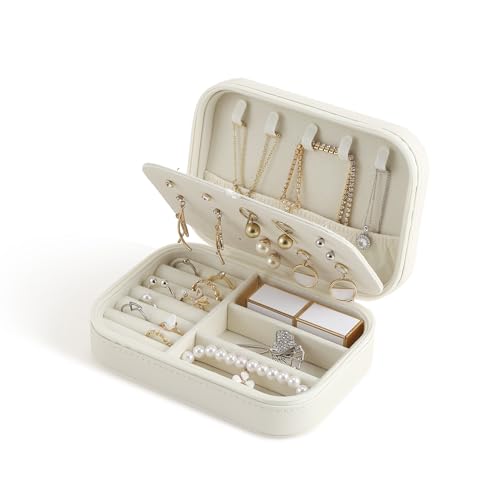 CASEGRACE Travel Jewelry Case, Double Layer Travel Jewelry Organizer for Necklace Earring Rings Jewelry Display Case for Women, White - color: White, size: Leather