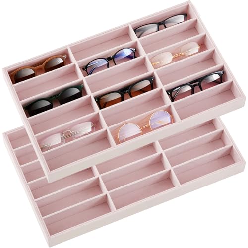 Amylove 2 Pcs Sunglass Organizer Trays Glasses Stackable Jewelry Trays Sunglass Organizer Display Box (18 Grids,Pink) - color: Pink, size: 18 Grids