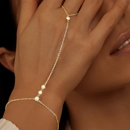 YEEZII Gold Hand Chain Bracelets for Women, 2 Pcs 14k Gold Plated Cubic Zirconia Link Chain Bracelet Set, Trendy ring bracelet hand chain Jewelry for Her - color: Gold-A