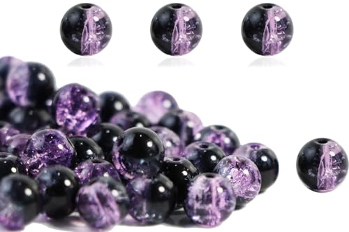 100Pcs 10mm Crackle Glass Beads for Jewelry Making - Round Spacer Crystal Beads Bulk, DIY Craft Supplies for Necklace Bracelet Earrings (Purple Black) - color: Purple Black