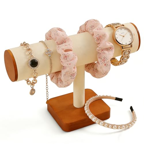 Wooden T-Bar Bracelet Display Stand, Watch & Bangle Organizer Rack, Jewelry Display Holder for Headbands, Scrunchies, Perfect for Home, Boutique, Craft Shows & Vendor Booths (Old Lace) - color: Old Lace