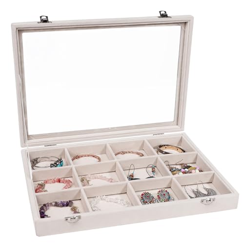 Stratalife Jewelry Organizer Bracelet Organizer Storage Box 12 Grid Stackable Jewelry Tray with Lid Velvet Jewelry Box for Drawer Necklace Bracelet Display Storage Organizer Box (Beige) - color: Beige, size: 12 Grid