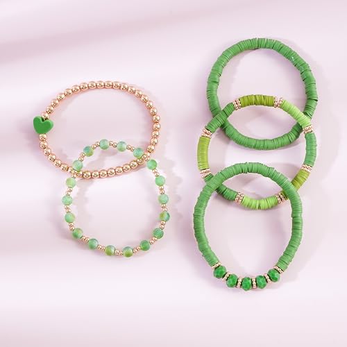 RISHEGAE Heishi Beaded Stretch Bracelets for Women Stackable Polymer Clay Beads Bracelets Friendship Boho Summer Beach Bracelet Jewelry Set - color: D-Green Set