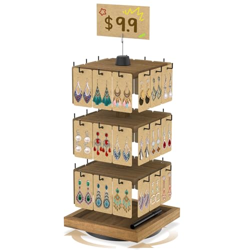 MODOWEY Rotating Earring Card Display Stands for Vendors with 36 Hooks, Wood Jewelry Holder Organizer Tree Rack for Women Dresser, 3 Tier Large Capacity Storage Tower for Selling Stud Pierced, Square - color: Dark-Brown