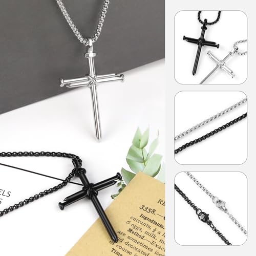 2 Pcs Vintage 3 Nail Cross Necklace for Men,24 Inch Stainless Steel Strength Bible Verse Pendant,Black Silver Gifts for Men