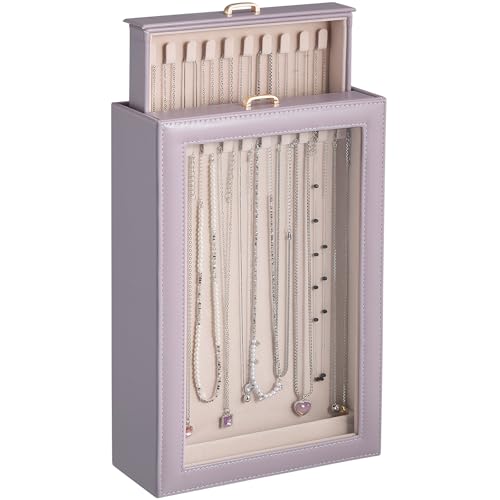 Lolalet Necklace Organizer Box, Jewelry Storage Box with Clear Window for Necklaces Bracelets, Tangle-Free Necklace Display Case for Women Girls, Mothers Day Gift - color: Dusty Purple, size: 2 Layers, 20 Hooks