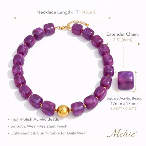 Mchic Colorful Beaded Choker Necklace for Women: Boho Large Square Acrylic Beaded Necklace Stainless Steel Adjustable Surfer Beach Strand Necklaces Summer Handmade Jewelry Gift for Women - color: Purple