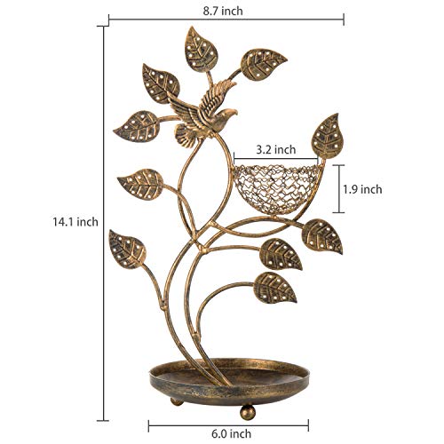 MyGift 14-Inch Bronze-Tone Tree & Bird Nest Earring Stand Jewelry Tower with Ring Trinket Organizing Tray - color: Bronze-Tone