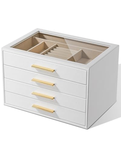 pickpiff Jewelry Box Organizer Case for Women: 4-Layer Jewelry Storage Case with Glass Window, Pure White Leather with Velvet Holder for Ring Necklace Bracelet Brooch Watch, Great Gift for Her - color: Pure White, size: 4 layer