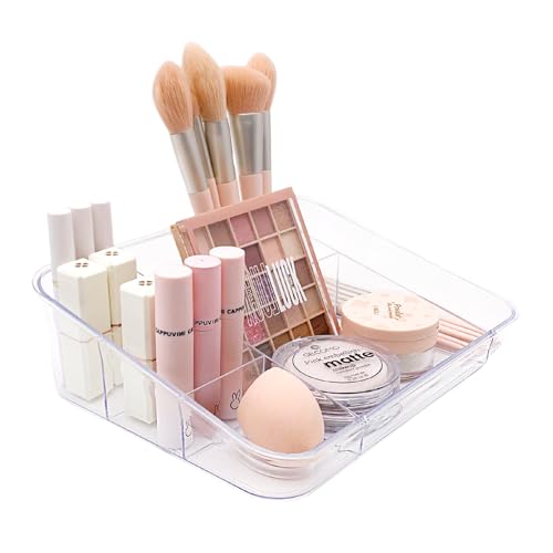 SUNFICON Makeup Tray Organizer Cosmetic Display Case Office Stationery Storage Holder Countertop Storage Unit Makeup Box for Bathroom Drawers,Vanities Office Desk,Washable Crystal Clear Acrylic