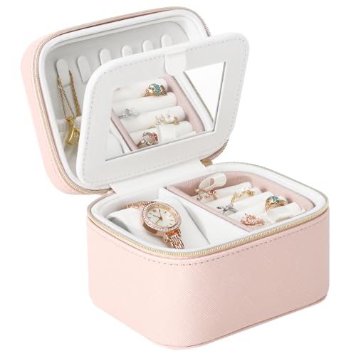 DesignSter Travel Jewelry Case,Small Jewelry Box with Mirror,Leather Material Travel Jewelry Case Organizer, Portable Jewelry Organizer with Zipper(Pink - color: Pink