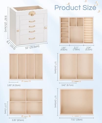 Enthralite Jewelry Box with 4 Drawers : Jewelry Display Organizer for Earrings Necklaces - Gift for Girls Women | White