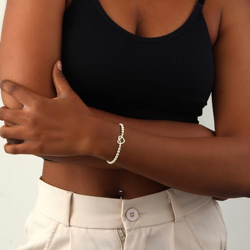 Mothers Day Gifts - Beaded Bracelets for Women 14K Silver Gold Plated Stretch Handmade Ball Bracelets Cute Charm Bracelet Dainty Stackable Cross Heart Bow Wave CZ Circle Trendy Jewelry Easter Gifts - color: knot-heart