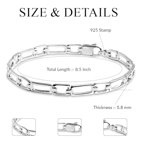 LeCalla Handmade Sterling Silver Mens Bracelets | Solid Italian 925 Chain Bracelets | Classic Designs Chain Bracelets for Men | Men's Silver Bracelet Gift for Dad, Boyfriend, Son - style: 8.5" Rectangle Links